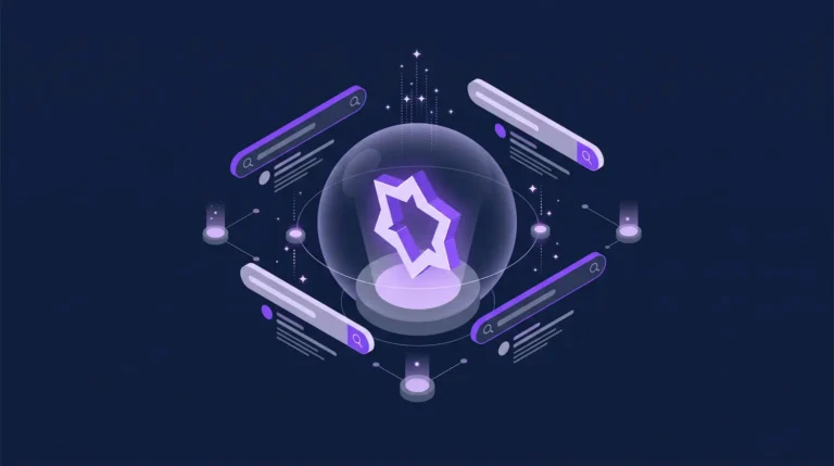 Digital illustration representing brand visibility in AI: a central entity icon within a glowing sphere, surrounded by search bars and sparkling data connections.