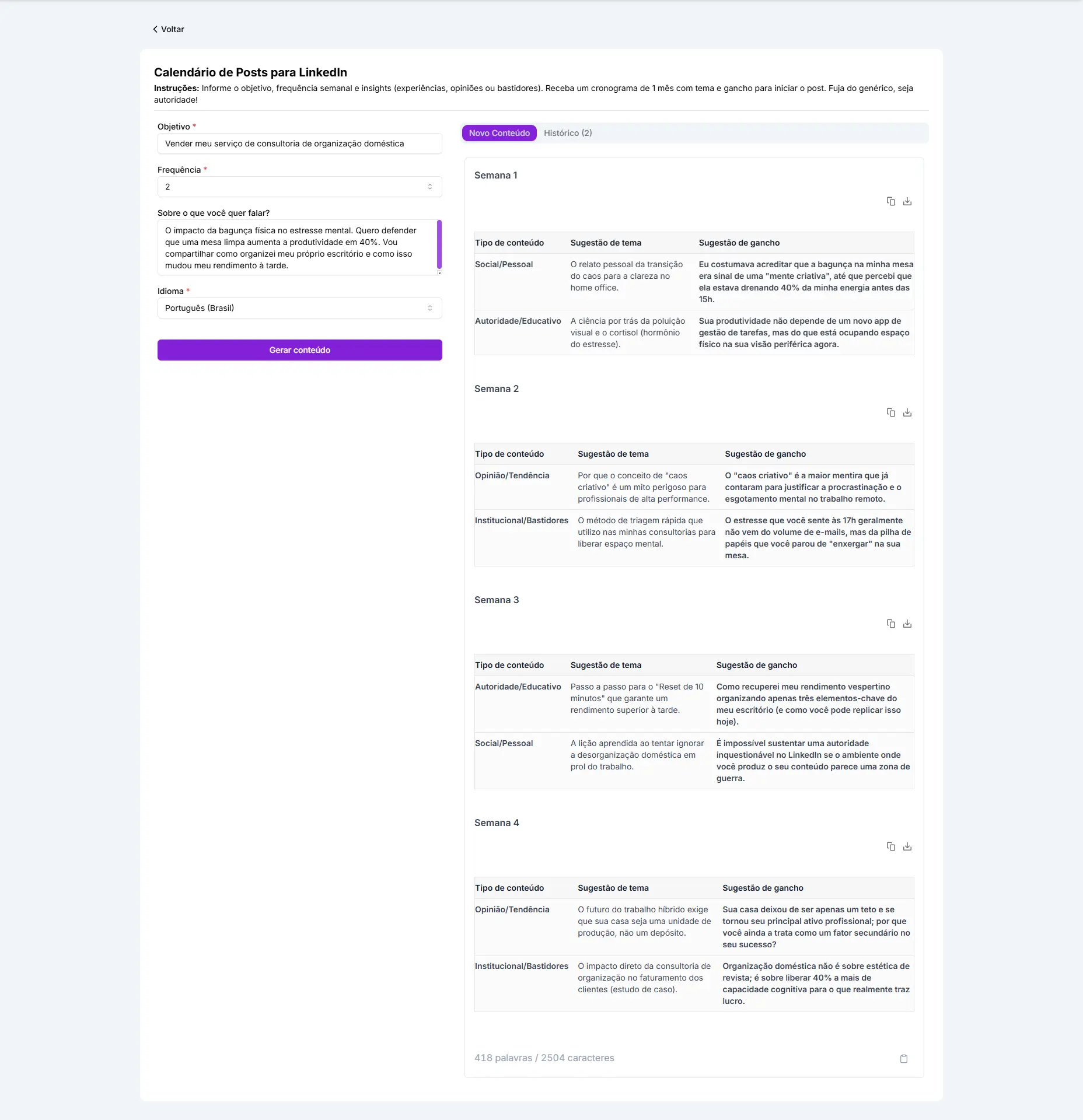 Exemplo de calendário de post para Linkedin criado pelo Agente de IA da Niara