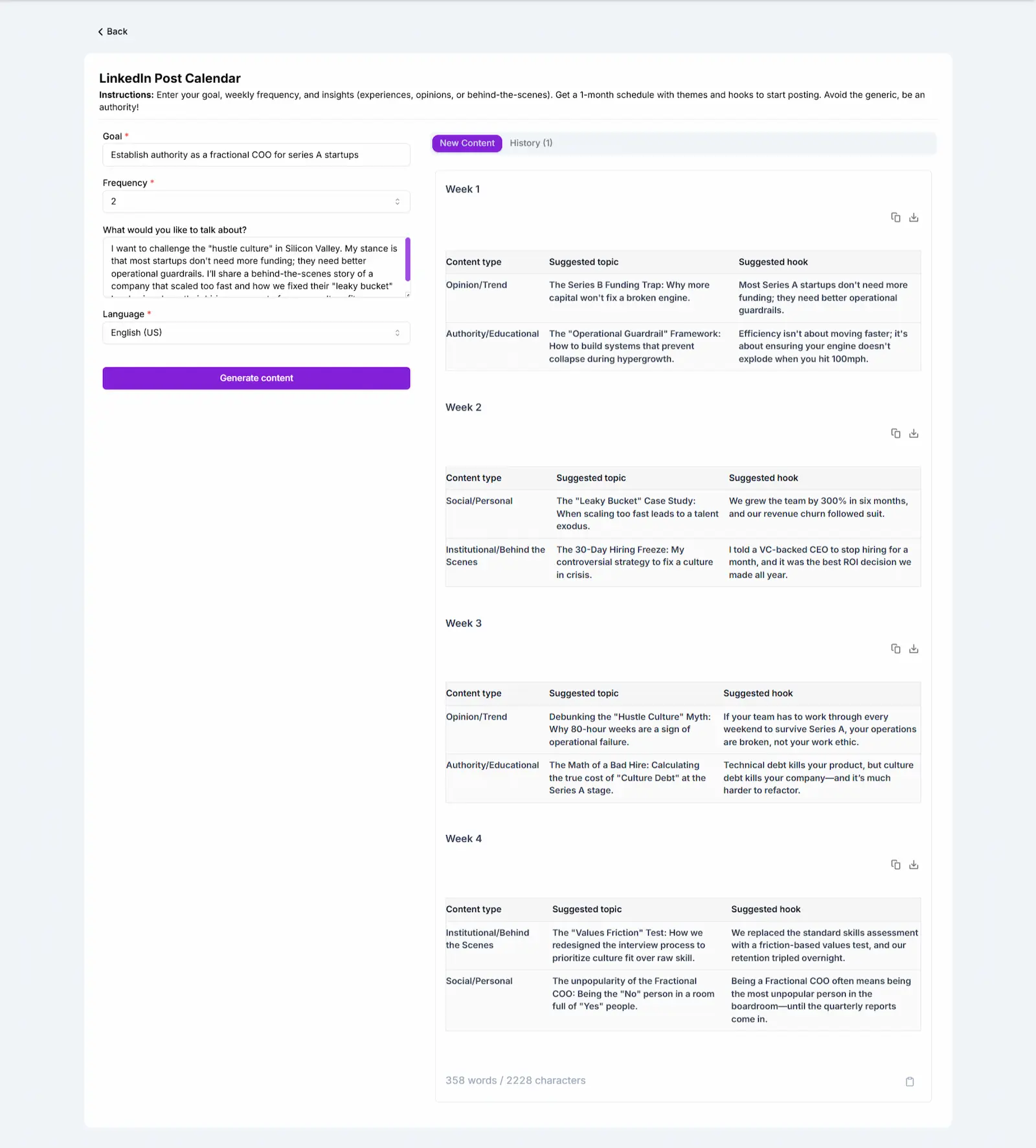 Example of a 1-month LinkedIn calendar generated by Niara's AI Agent