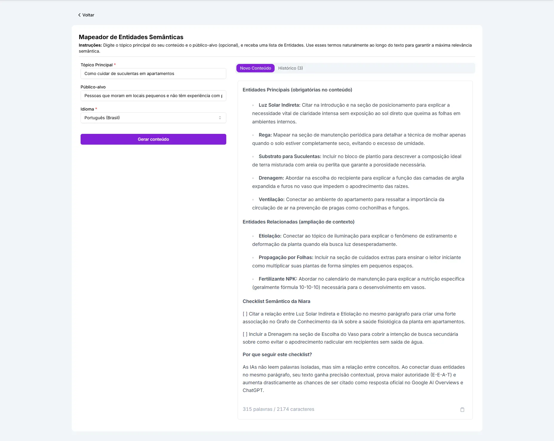 Exemplo de entidades listadas pela Niara para tema Como cuidar de suculentas em apartamentos