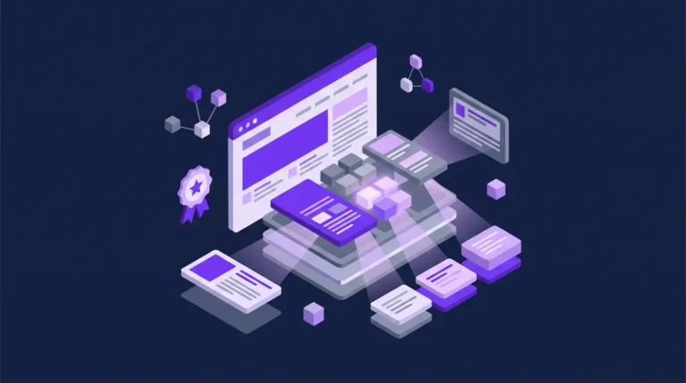 3D isometric illustration of a website structure optimized for Answer Engine Optimization (AEO), showing modular data chunks, semantic nodes, and citation layers in a navy blue and electric purple tech aesthetic.