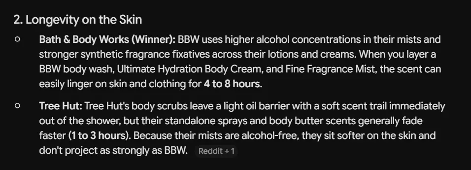 Gemini's answer about scent longevity comparing two brands