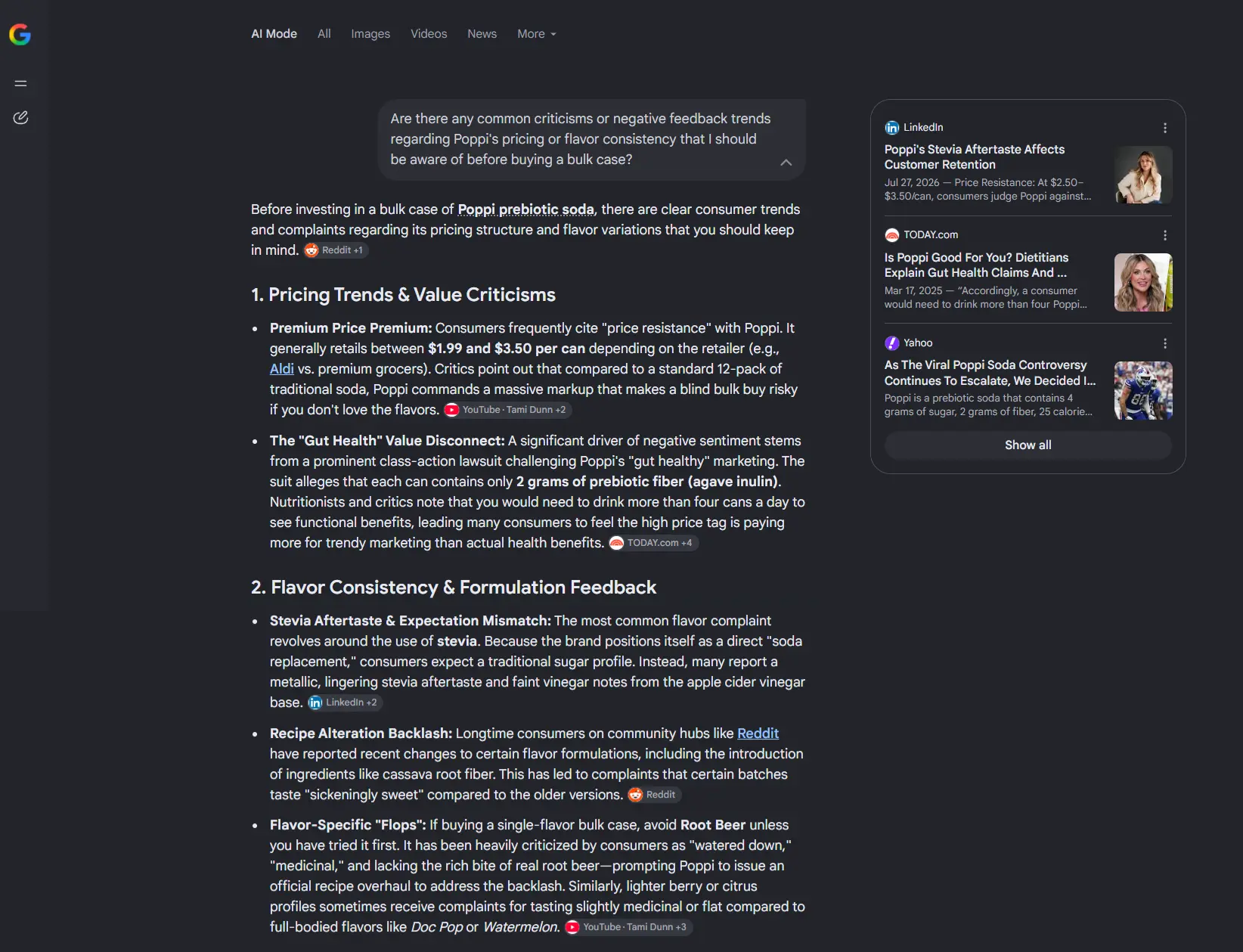 Niara's prompt tested in AI Mode with negative answer about the brand
