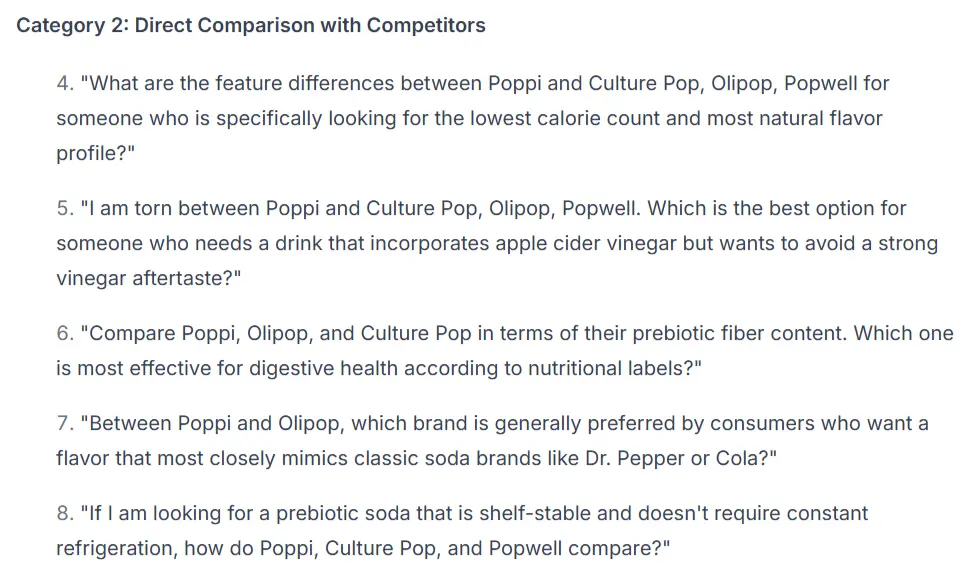 Examples of comparison prompts for brand visibility generated by Niara's Sales Funnel Prompt Matrix