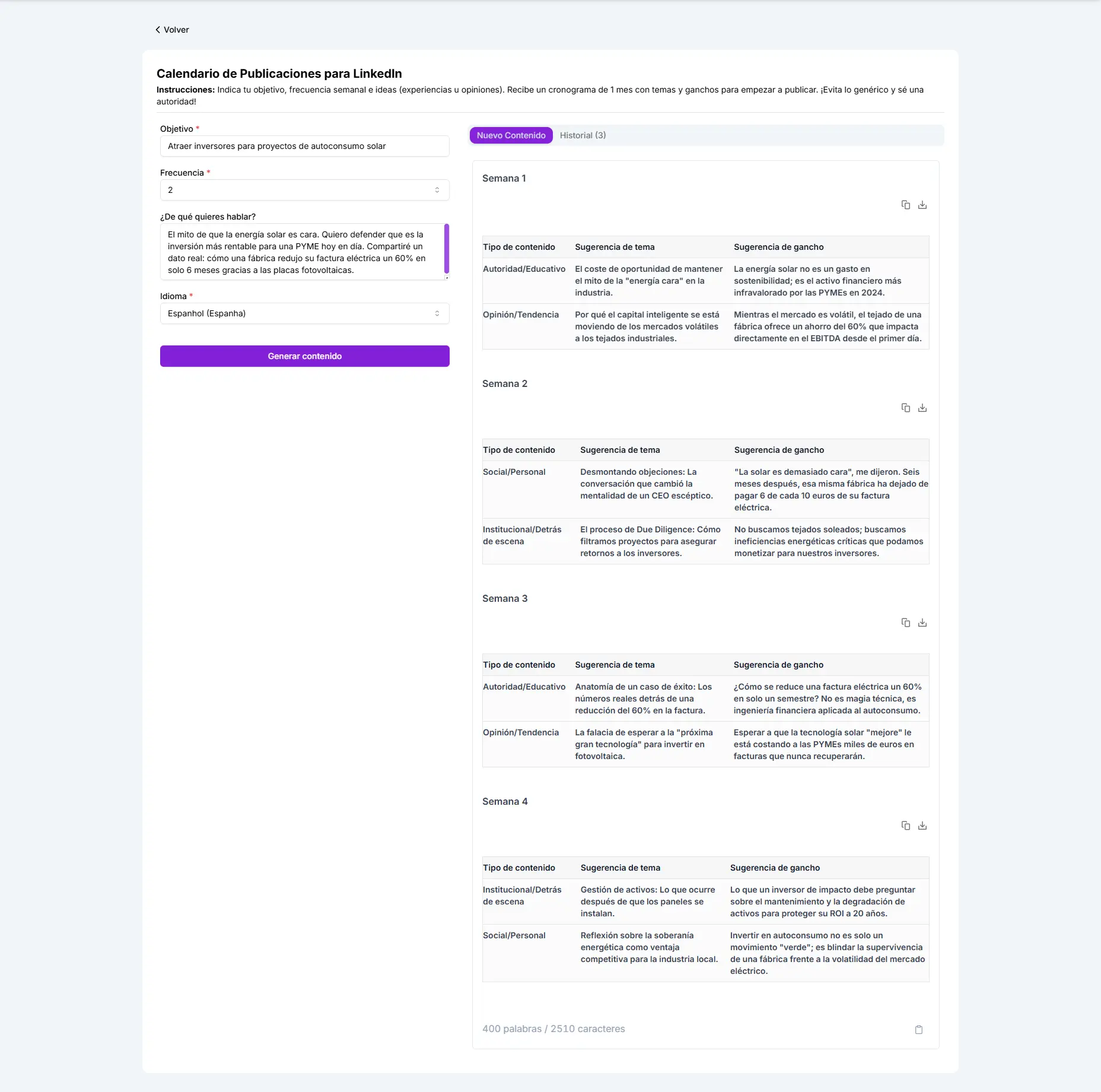 Ejemplo de calendário de publicaciones para LinkedIn generado por el Agente de IA de Niara.