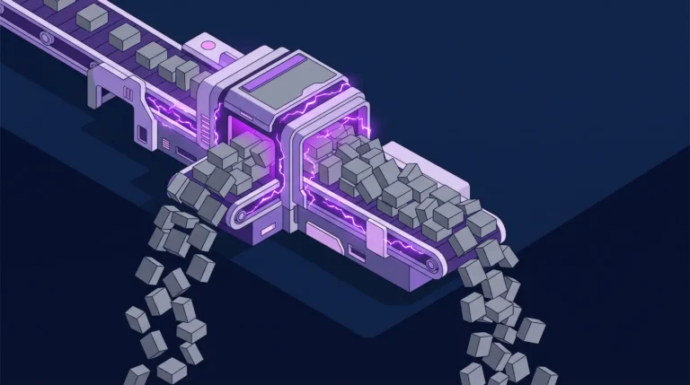 Isometric graphic of an overloaded data conveyor belt, illustrating the concept of 'AI Slop' and the risks of publishing mass-generated content without quality control.
