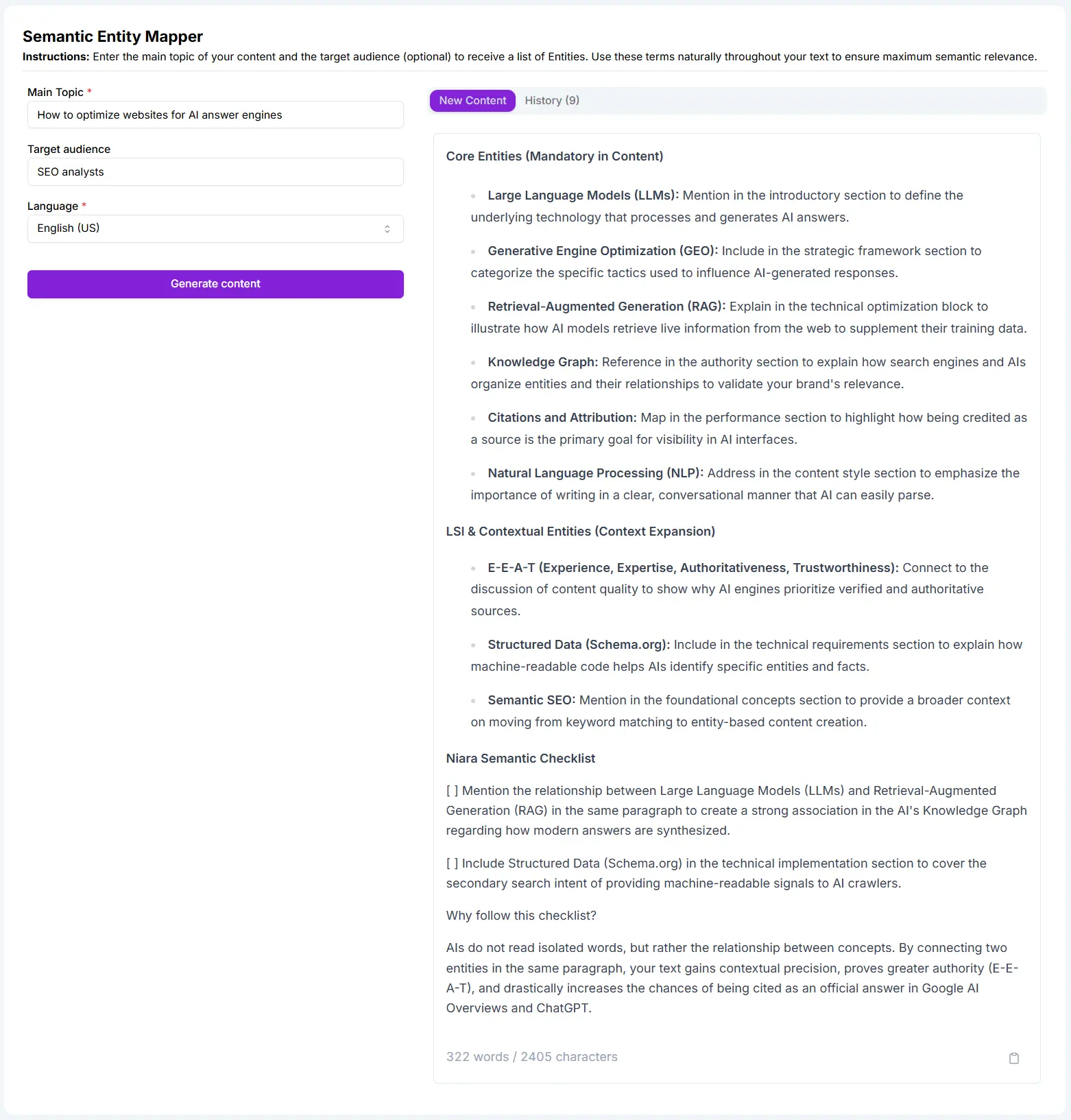 AI Agent Semantic Entity Mapper giving suggestions for article optimization