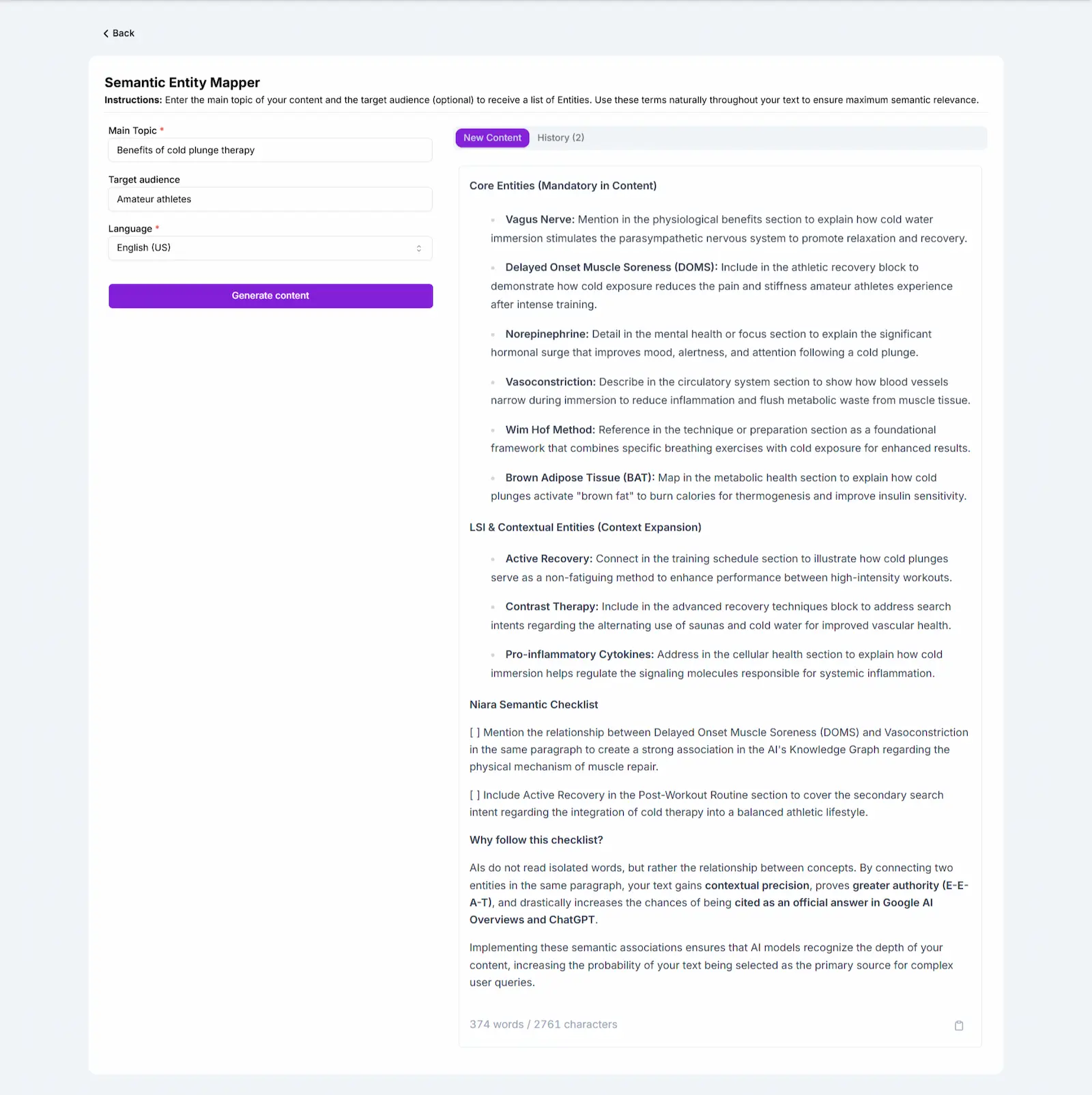 Niara's AI Agent Semantic Entity Mapper recomending entities related to Benefits of cold plunge therapy