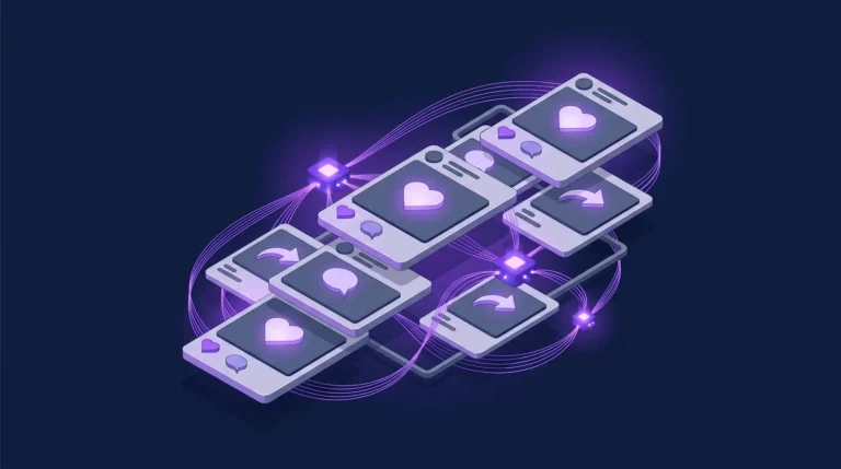 3D isometric illustration of floating social media post cards with heart and comment icons, interconnected by glowing purple AI nodes and fiber-optic lines on a dark navy blue background.