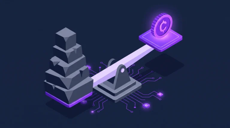 3D isometric illustration of a tech scale where a heavy stack of gray blocks representing technical debt weighs down one side, causing a glowing purple coin representing high CPC to rise sharply on the other