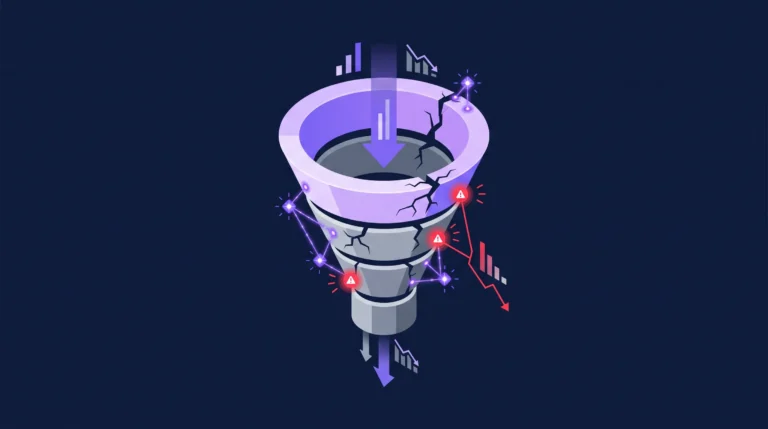 Isometric 3D illustration of a cracked digital funnel with warning nodes, representing how technical friction and page errors lead to high CPA