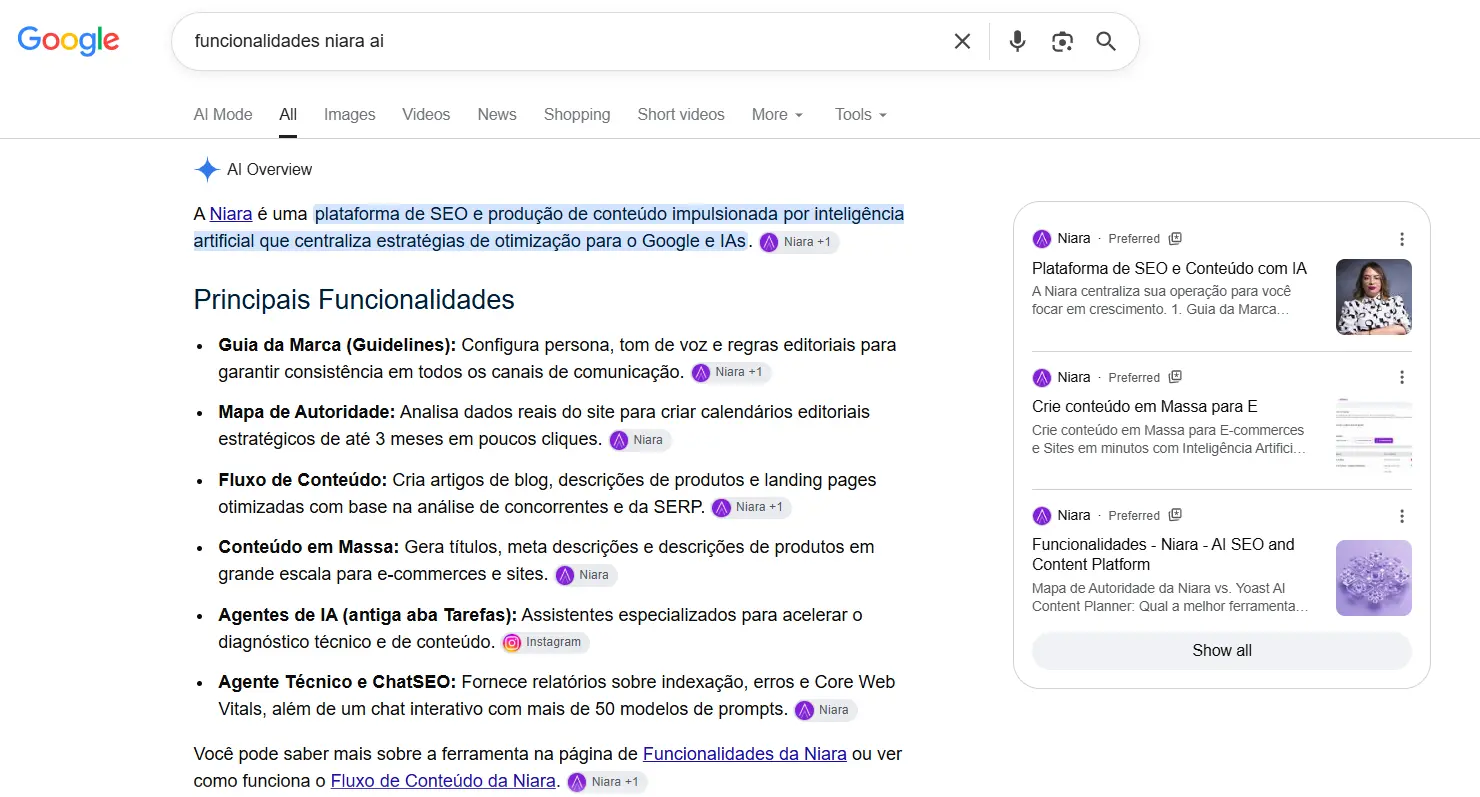 AI Overview listando as ferramentas da Niara, incluindo os Agentes de IA