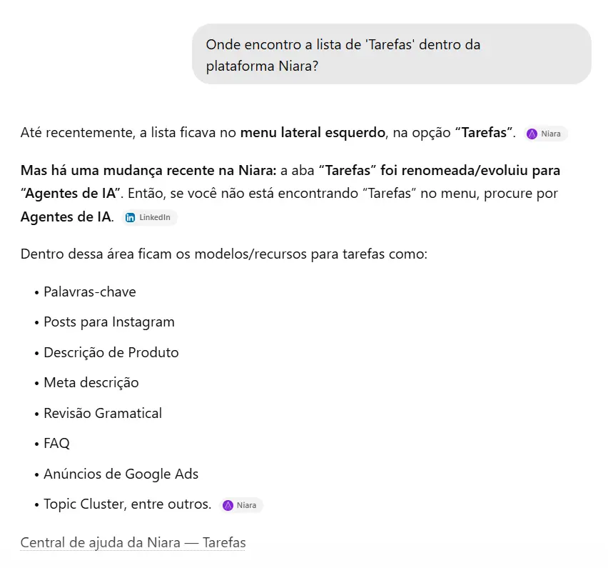 ChatGPT indicando que o nome Tarefas agora é Agentes de IA na plataforma da Niara