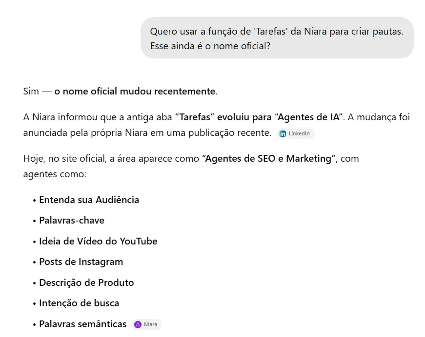ChatGPT indicando que o nome Tarefas mudou para Agentes de IA, citando uma publicação recente feita no LinkedIn