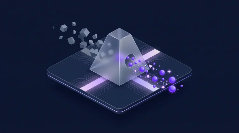 Ilustração 3D isométrica de um prisma de vidro futurista sobre uma plataforma digital, transformando blocos cinzas desorganizados em esferas roxas brilhantes e nós de IA, simbolizando a automação de SEO.