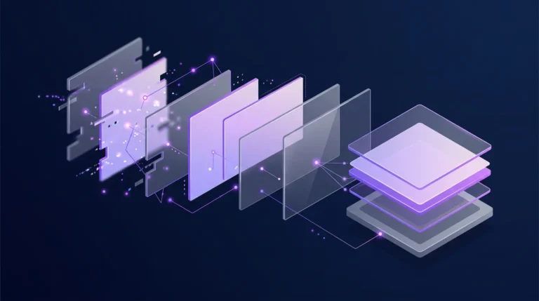 Ilustração 3D isométrica mostrando painéis digitais flutuantes que se alinham da esquerda para a direita, simbolizando a organização de dados e o fim de alucinações de inteligência artificial.