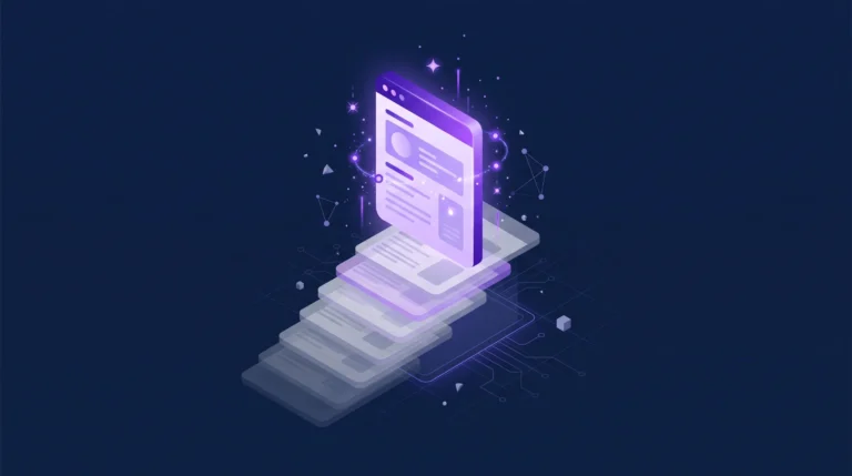 Ilustración 3D isométrica de una página web brillante destacando sobre varias versiones duplicadas y tenues, representando la gestión de contenido duplicado y autoridad SEO mediante inteligencia artificial.