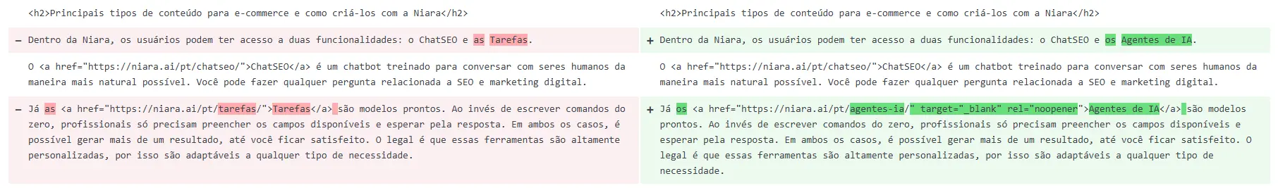 Exemplo de alteração no texto, de Tarefas para Agentes de IA no blog da Niara