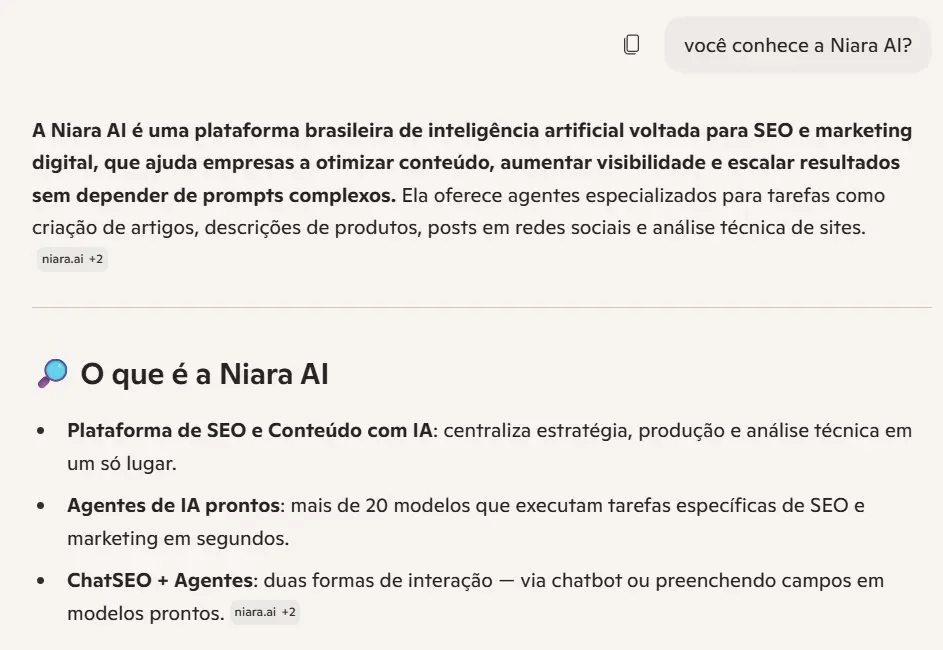 Copilot definindo a Niara e as ferramentas da plataforma, incluindo os Agentes de IA