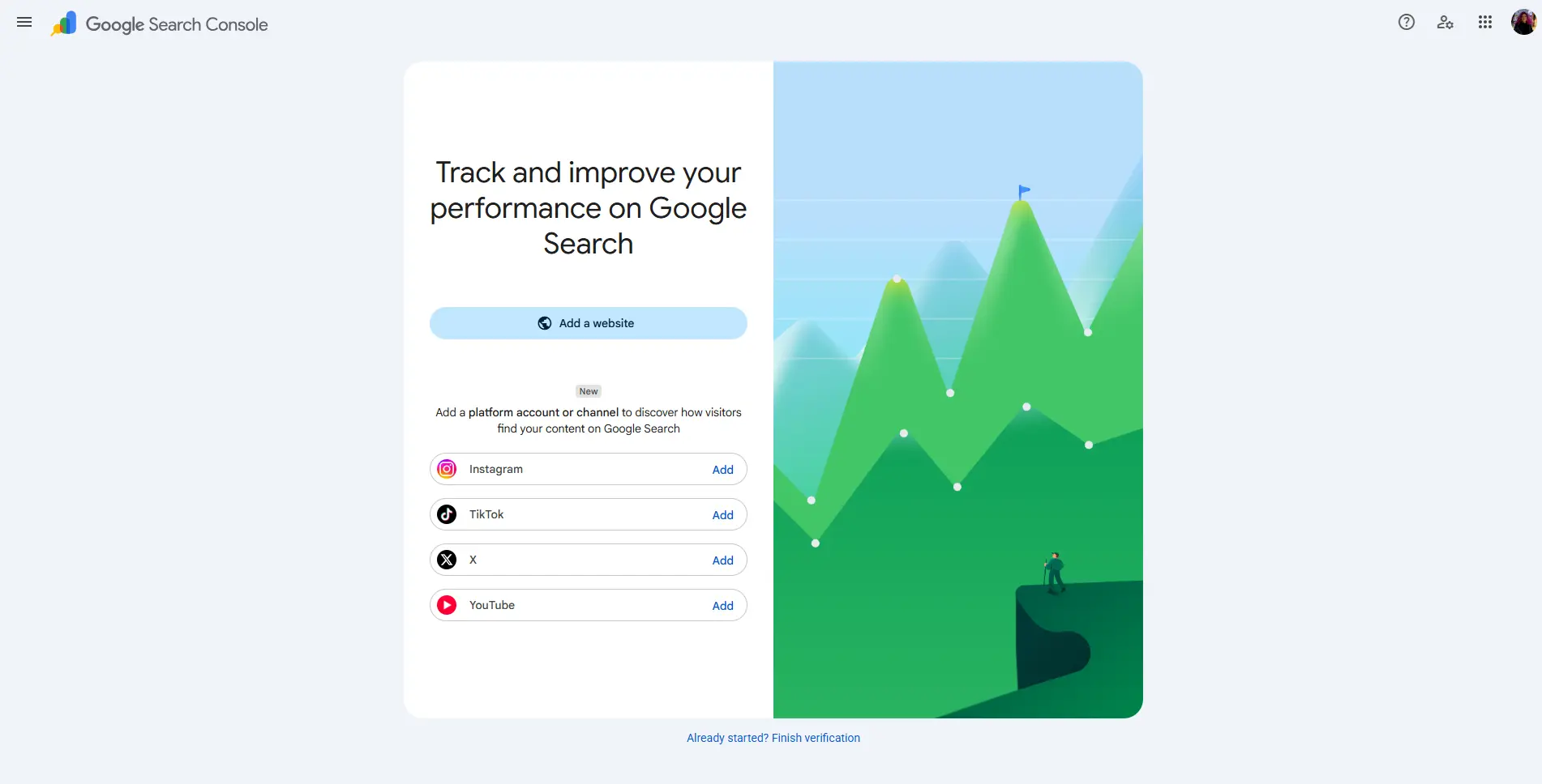 Welcome screen from Google Search Console showing social media integration