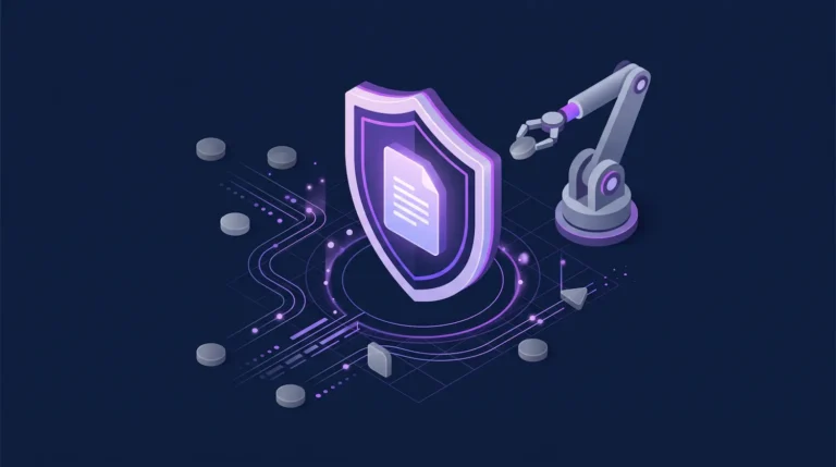A professional 3D isometric vector illustration of a digital shield protecting a high-quality document icon against a deep midnight navy blue background. A sleek robotic arm filters out gray nodes representing low-quality AI content.