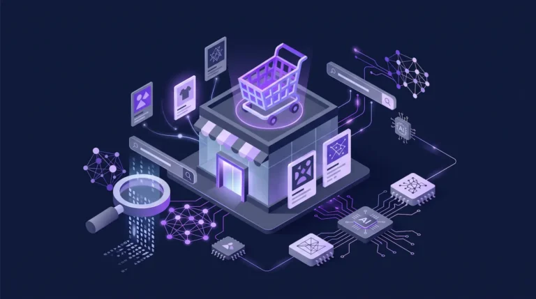 3D isometric illustration of a modern digital storefront on a navy blue background, featuring floating product cards, a glowing shopping cart, and purple AI neural nodes representing AI-driven e-commerce search.