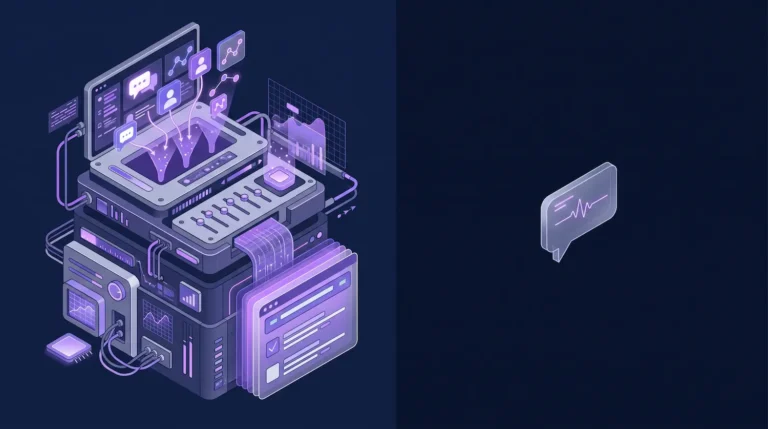 Ilustração 3D isométrica comparando um ecossistema de SEO especializado a um chat de IA generalista. À esquerda, uma estrutura tecnológica robusta processa dados. À direita, uma bolha de chat solitária flutua em um espaço vazio, representando a limitação de ferramentas genéricas.