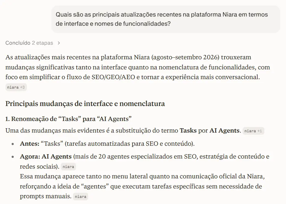 Perplexity utilizando o site em inglês da Niara para indicar a mudança de Tarefas para Agentes de IA