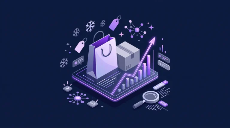 Ilustración isométrica 3D de crecimiento en ventas e-commerce mediante IA y SEO, con una bolsa de compra sobre un gráfico ascendente en tonos púrpuras.
