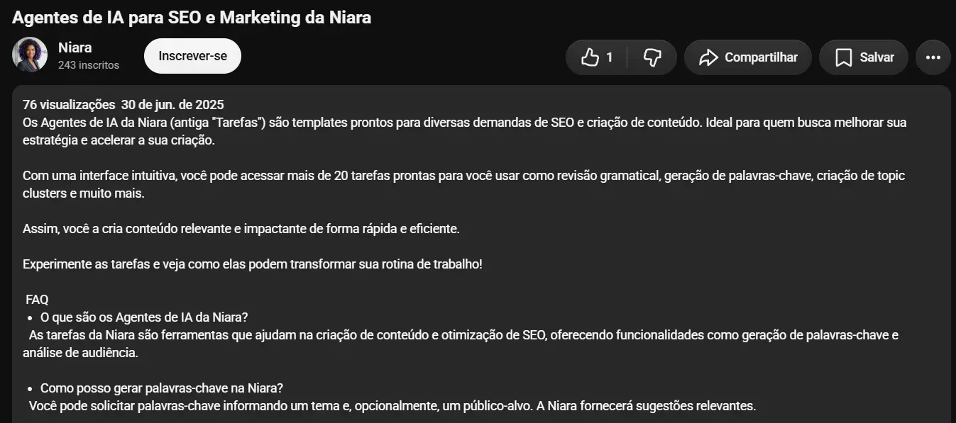 Título e descrição de vídeo no YouTube atualizados para Agentes de IA